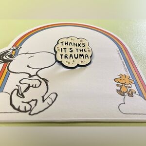 NWOT Enamel Pin – "Thanks It's The Trauma" Cloud Design in Cream & Black